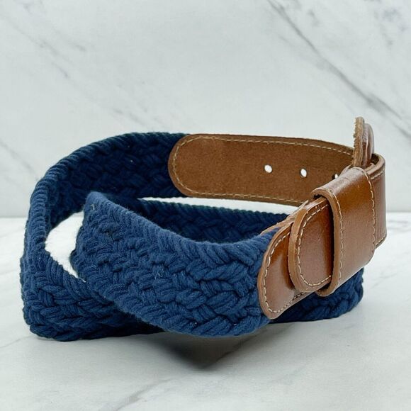 Vintage Blue Braided Woven Belt Brown Leather Trim Small (S) ✨ - Picture 2 of 10
